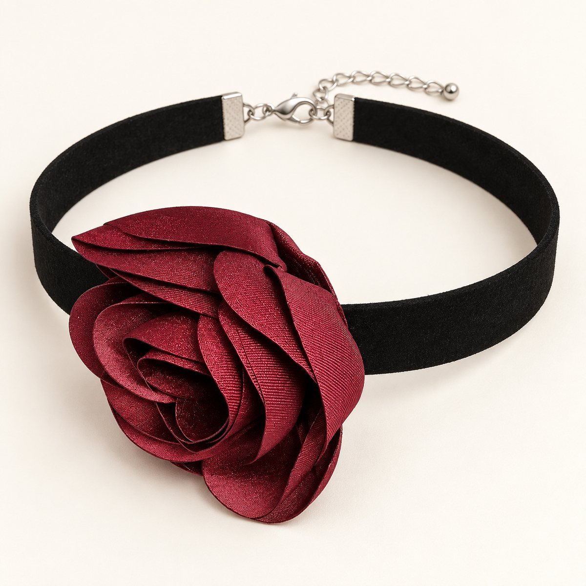 Bordo Saten Gül Choker Kolye - Çiçek Choker Kalın Süet Tasma Kolye – ürün fotoğrafı