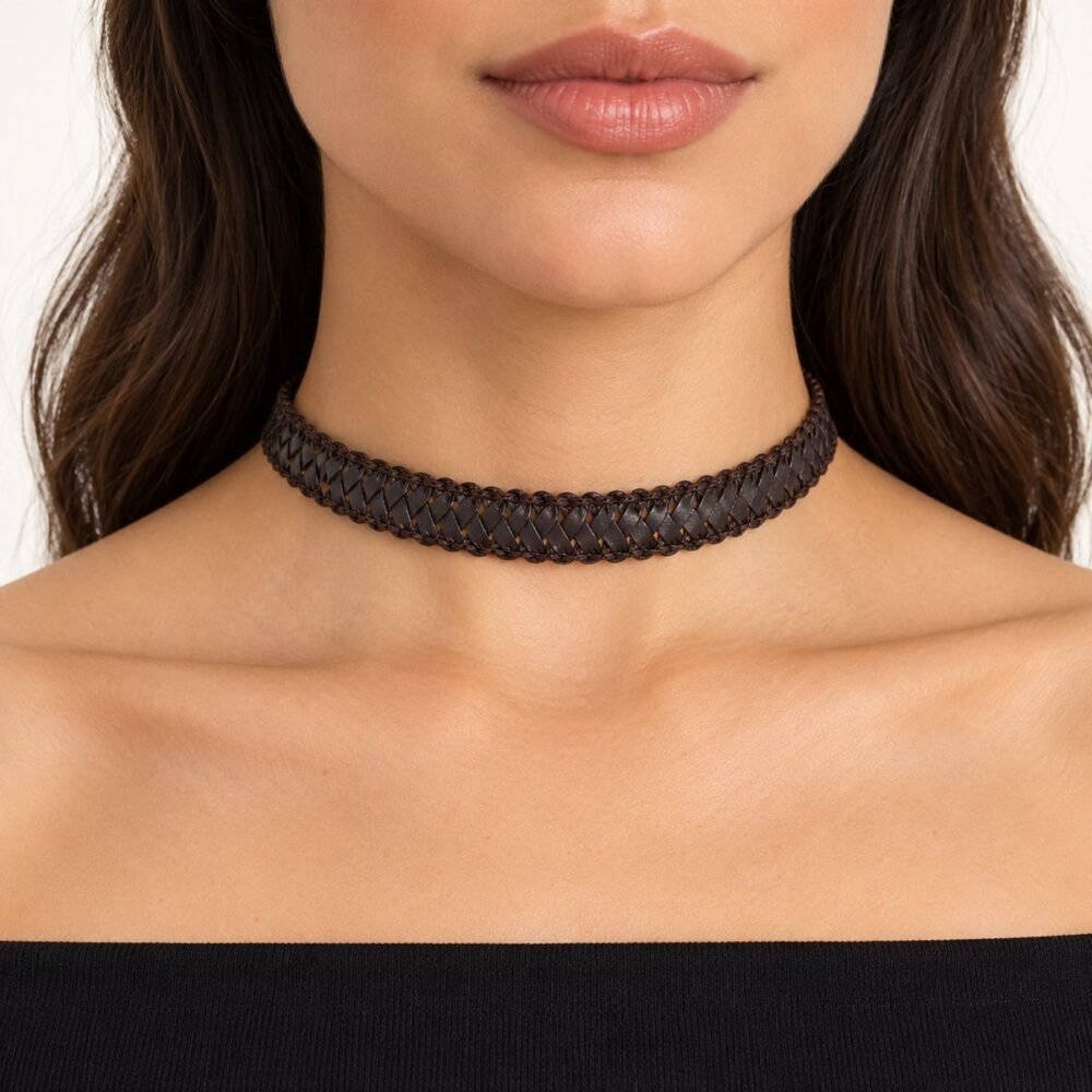 Kahverengi Deri Hasır Desen Tasma Choker Kolye – boyunda önden görünüm