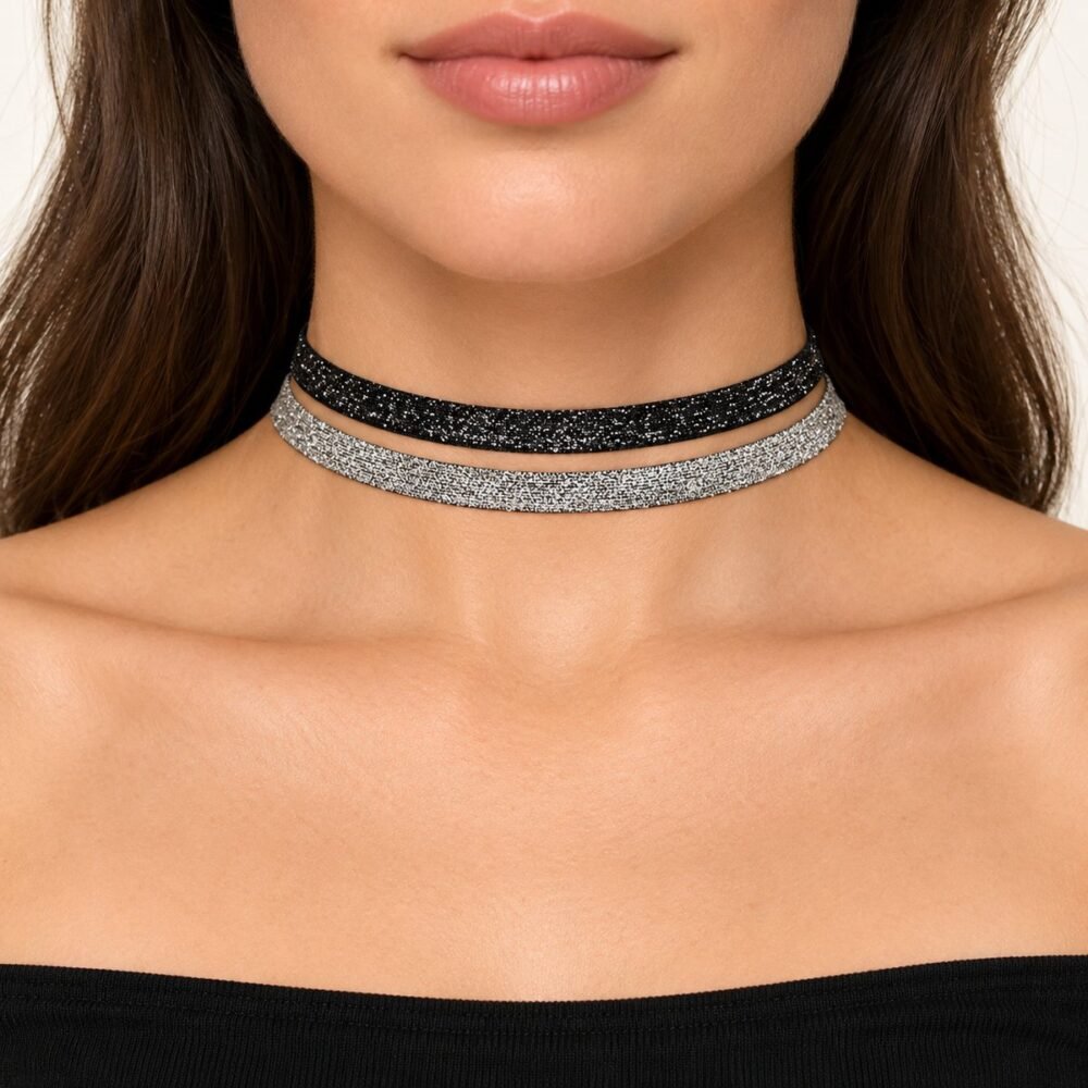 Siyah ve Gri İkili Parlak Tasma Choker Kolye – boyunda önden görünüm