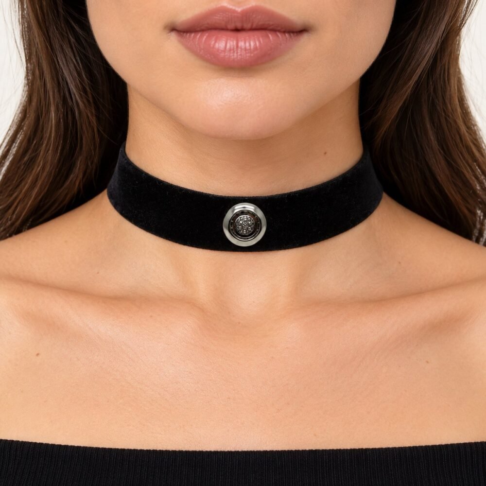 Siyah Kalın Kadife Üzeri Tekli Mat Tasarım Choker Tasma Kolye – boyunda önden görünüm