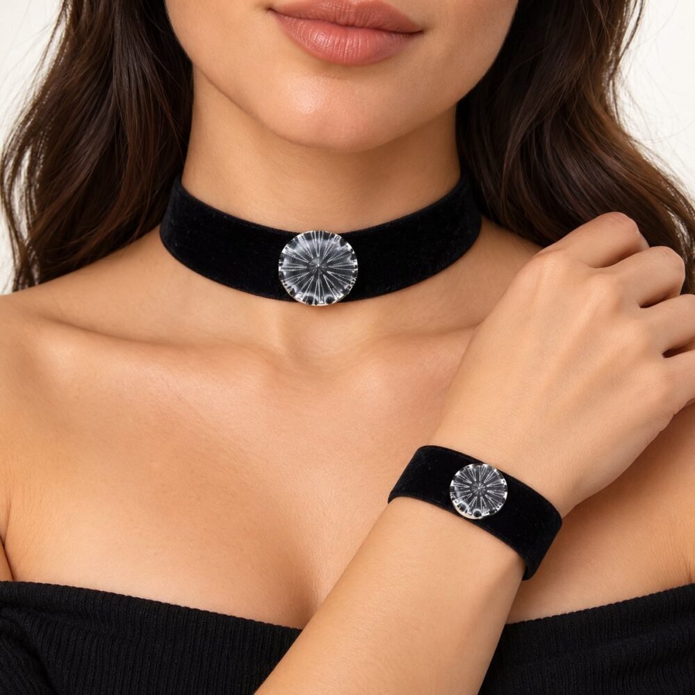 Siyah Kalın Kadife Üzeri Tekli Parlak Tasarım Choker Tasma Set – boyunda önden görünüm