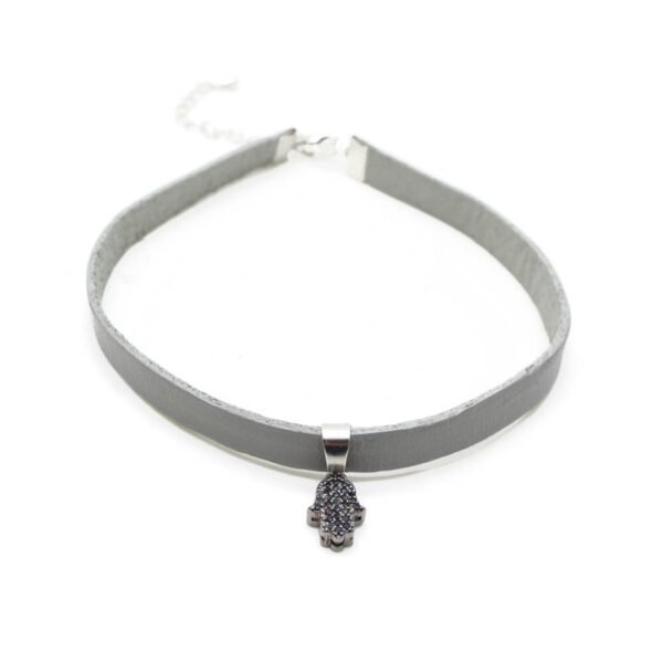 Gri Deri Zirkon Uçlu Tasma Choker Kolye