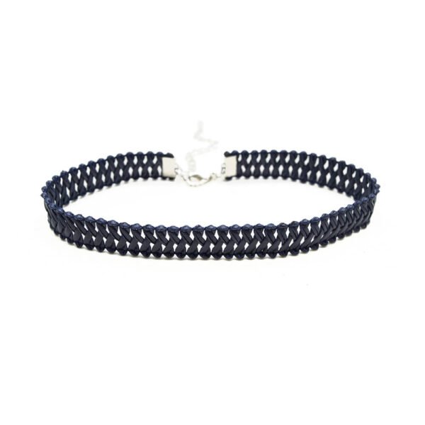 Lacivert Deri Hasır Desen Tasma Choker Kolye