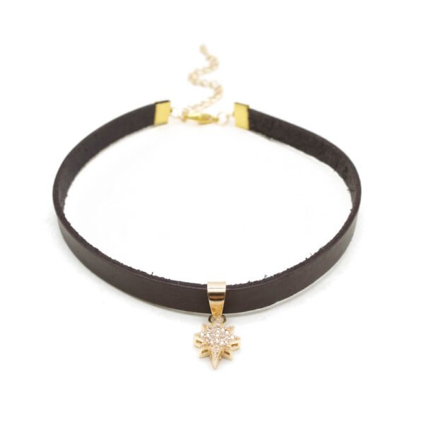 Kahverengi Deri Zirkon Uçlu Tasma Choker Kolye
