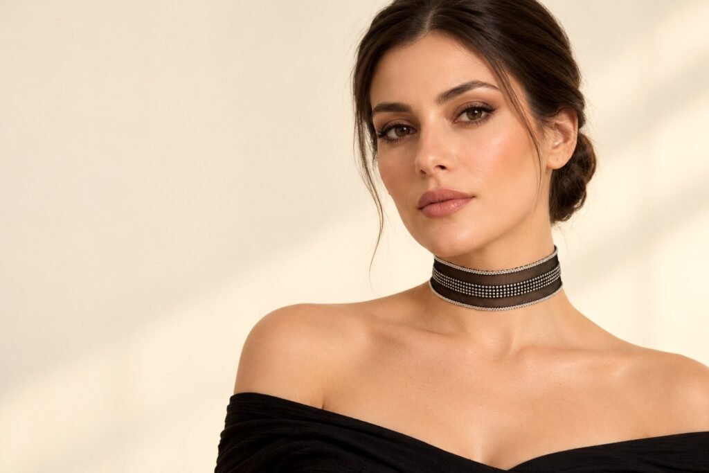 Işıltılı taşlı tül choker takan model