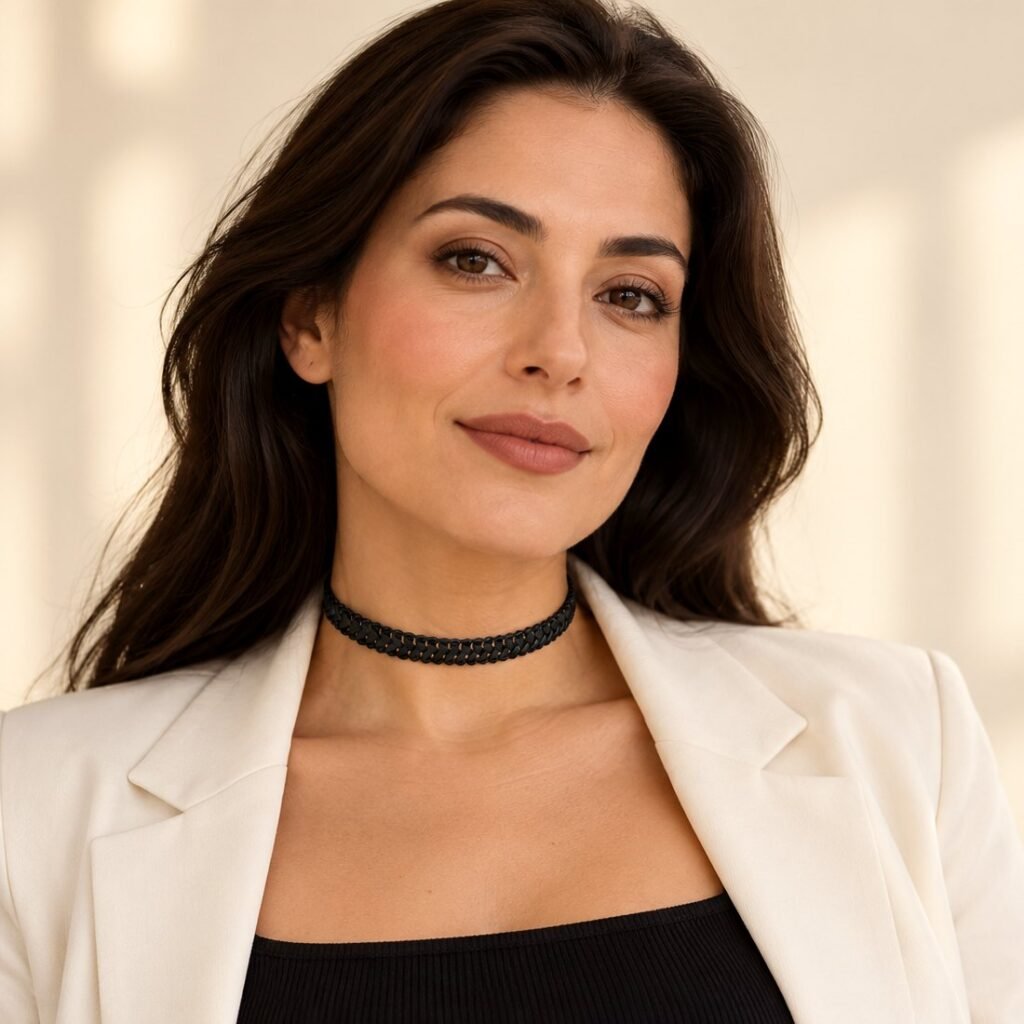 Siyah Deri Hasır Desen Tasma Choker Kolye takan model