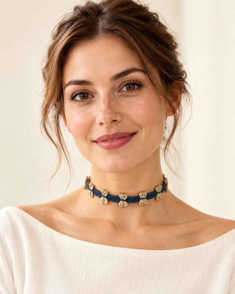 Minik Fiyonk Detaylı Kot Tasma Choker Kolye takan model