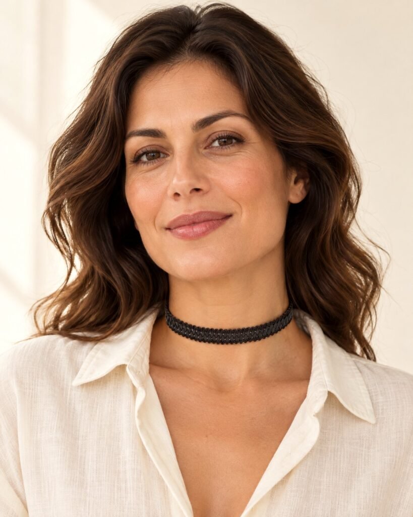 Siyah Deri Hasır Desen Tasma Choker Kolye takan model