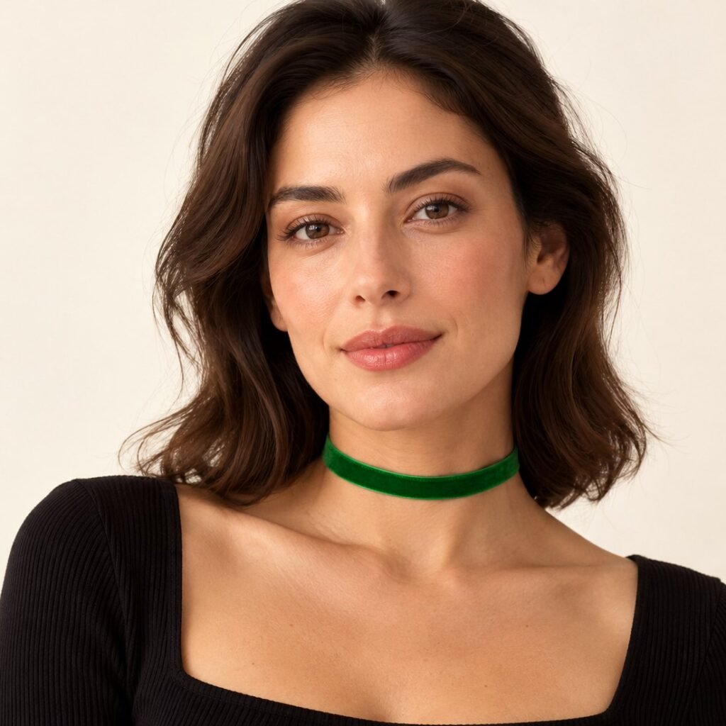 Yeşil Kadife Choker Tasma Kolye takan model