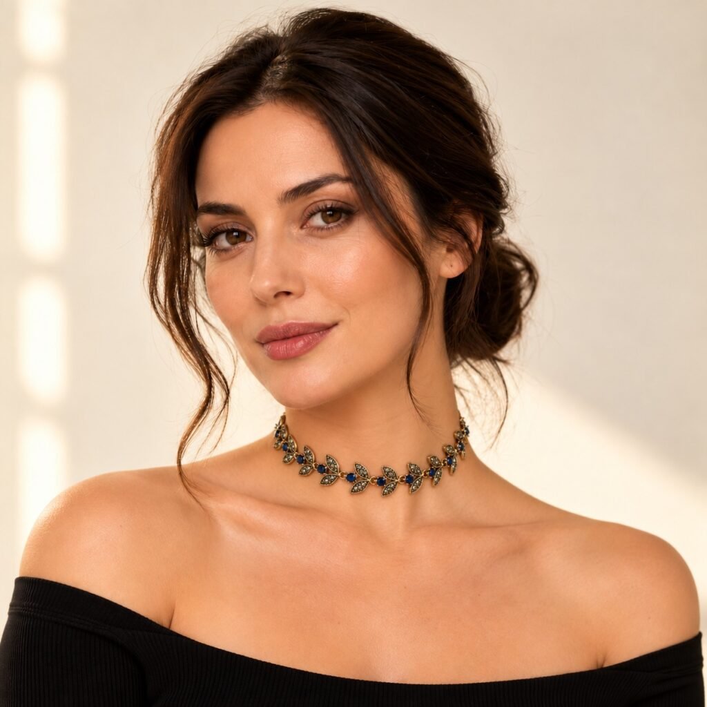 Montana ve Antrasit Pirinç Choker Kolye takan model