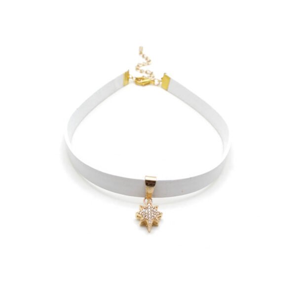 Beyaz Deri Zirkon Uçlu Tasma Choker Kolye