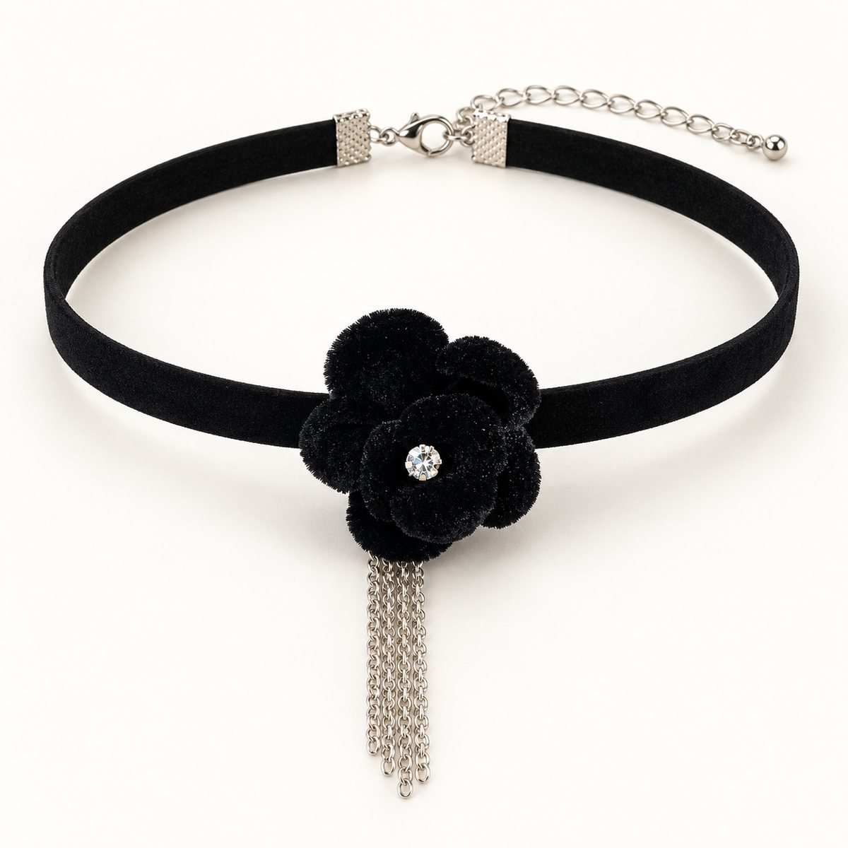 Taşlı ve Sarkma Zincirli Siyah Gül Choker Kolye – ürün fotoğrafı