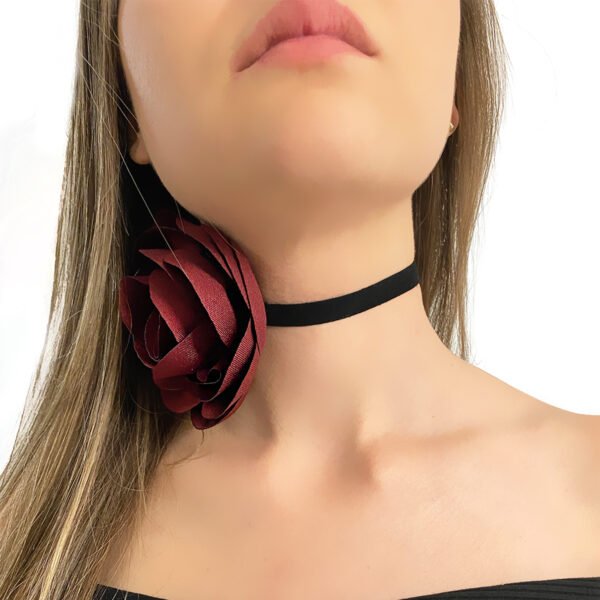 Bordo Saten Gül Choker Kolye - Çiçek Choker Süet Tasma Kolye