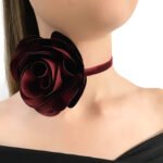 Bordo Saten Gül Choker Kolye - Çiçek Choker Kadife Tasma Kolye