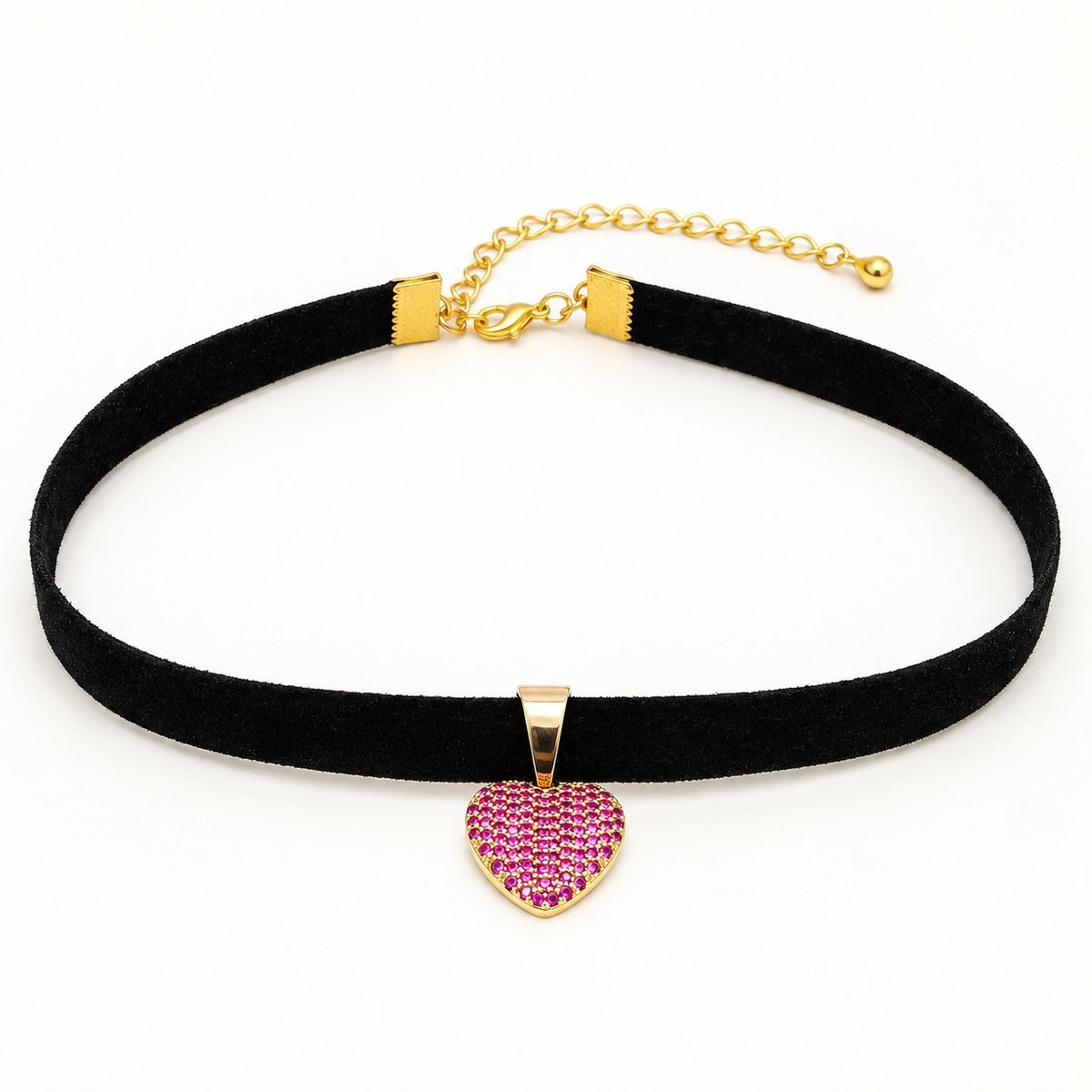 Zirkon Kalp Uçlu Siyah Süet Choker Kolye – ürün fotoğrafı